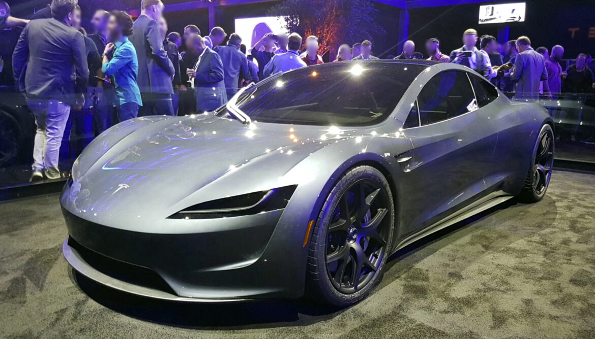 Silver Tesla Roadster prototype sports car on display at its 2017 unveiling