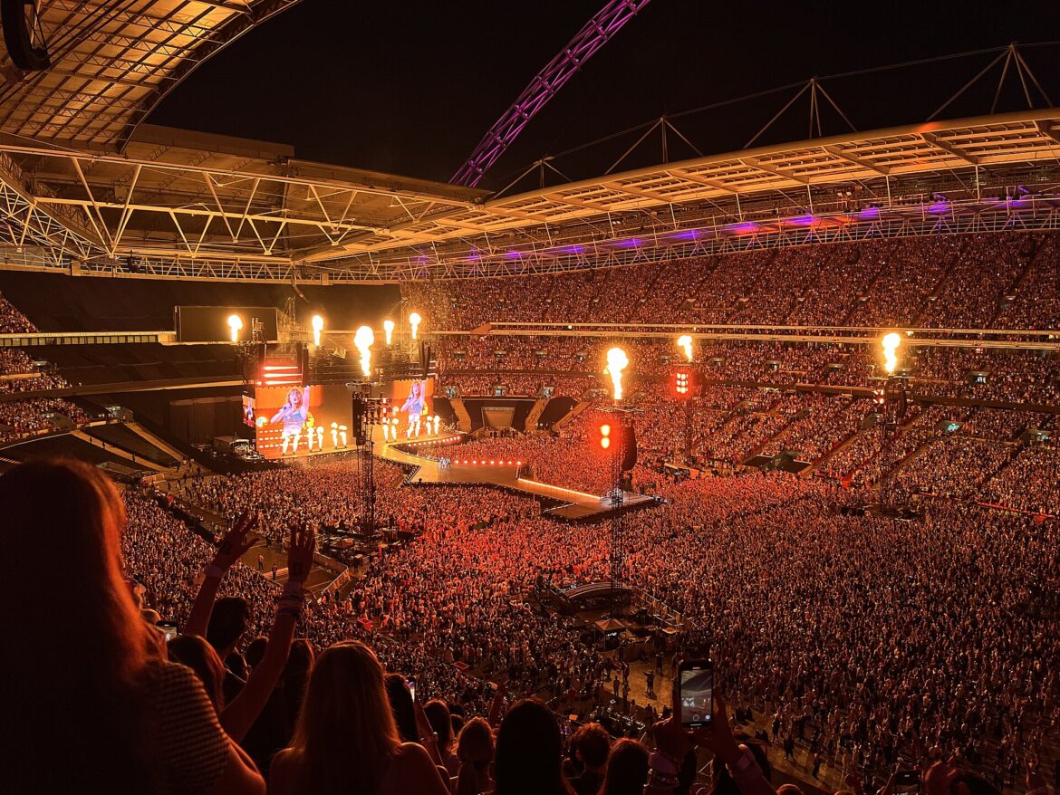 Taylor Swift performing the 1989 era on a lit stadium stage during the Eras Tour in London